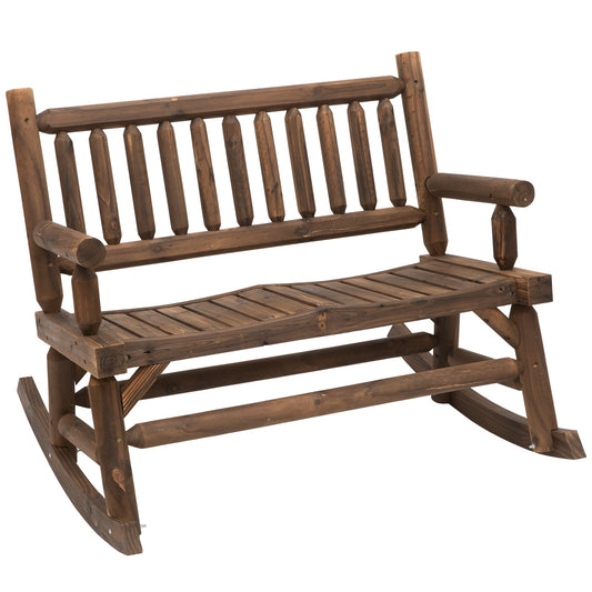 Outsunny Garden 2-osobowa bujana ławka z drewna rama z surowego drewna kłoda dwuosobowa z wysokim oparciem z listew w stylu rustykalnym z podłokietnikami meble ogrodowe - ciemna plama brązowa