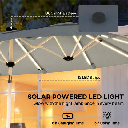 Outsunny 3 m Double-Sided Garden Parasol with LED Solar Lights, Tilt, Outdoor Extra Large Sun Umbrella with Crank Handle, Grey