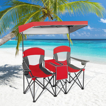 Double Folding Camping Chair with Canopy and Armrests-Red