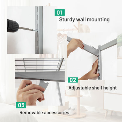 Custom Closet Organizer Kit 3 to 5 Feet Wall-Mounted Closet System with Hang Rod-Gray