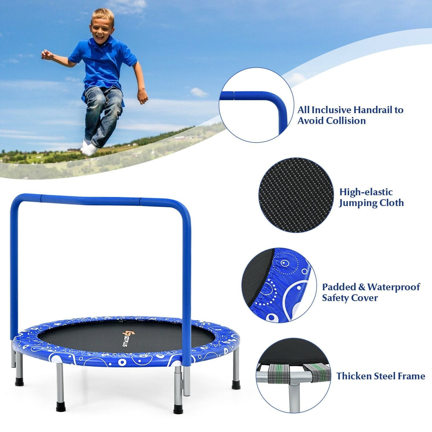 Child's Folding Trampoline with Padded Edge Cover and Full Covered Handle-Blue