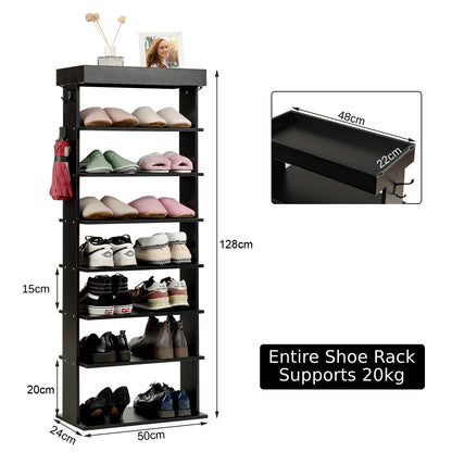 Vertical Designed 7-Tier Shoe Rack with Hooks-Black