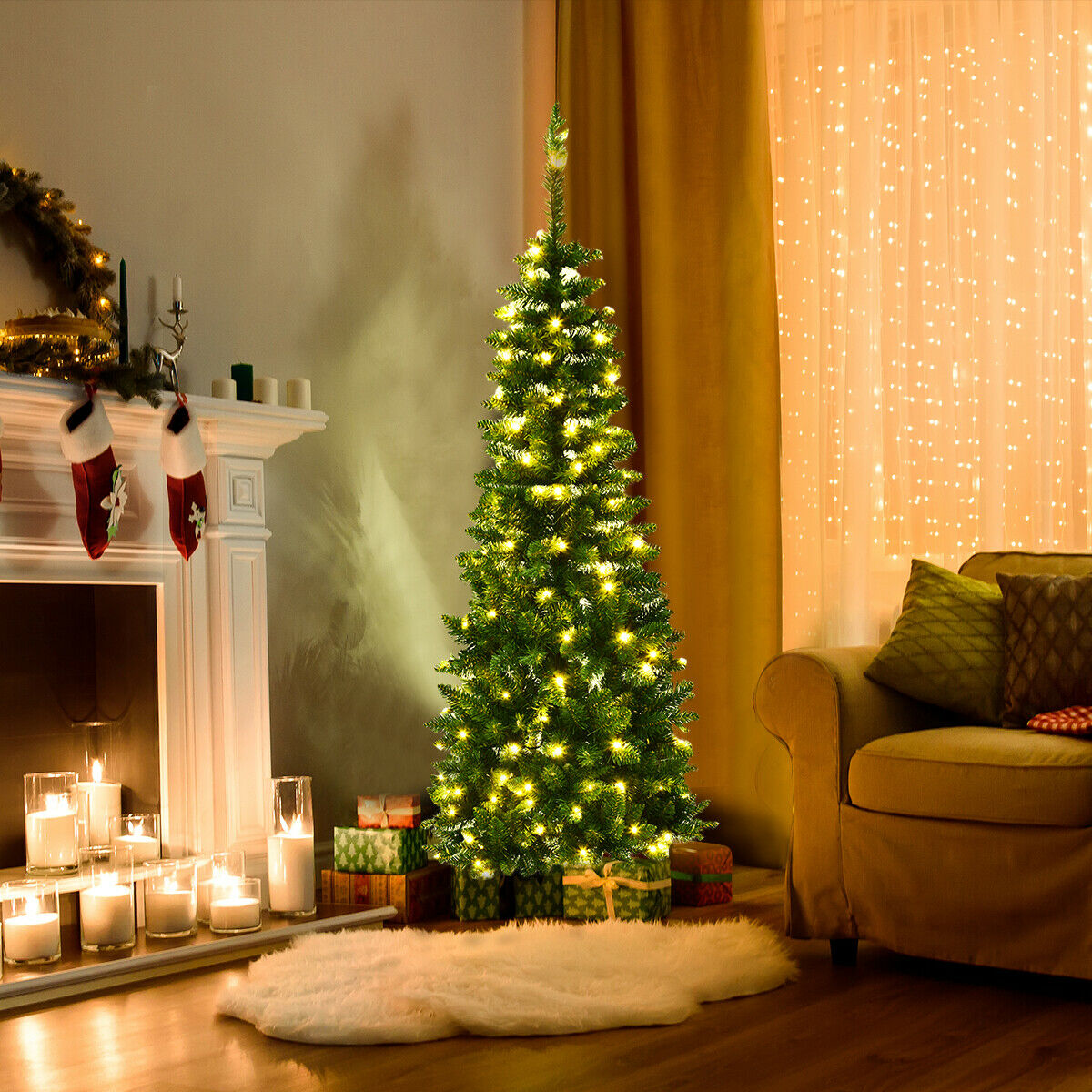 Artificial Pencil Christmas Tree with LED Lights in 3 Sizes-6.5FT