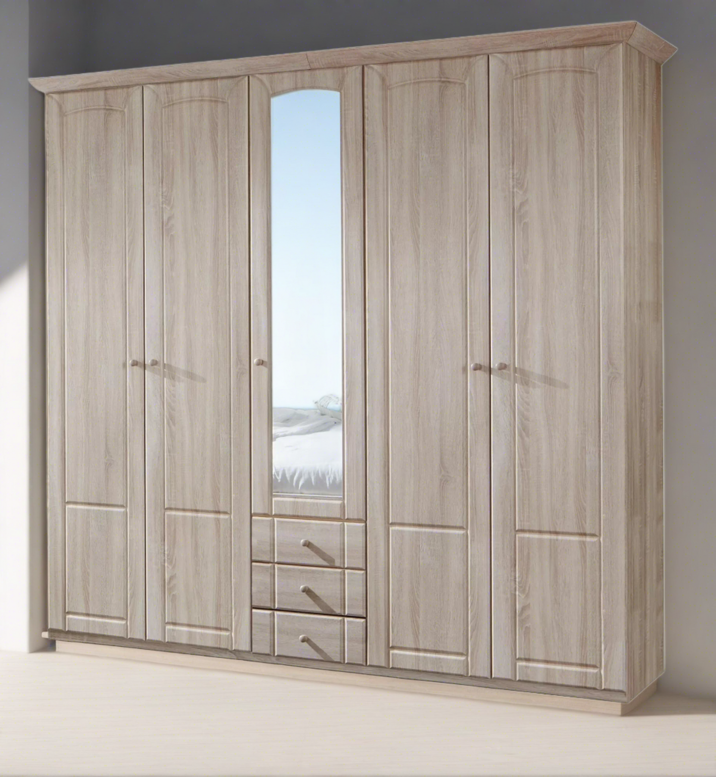 Vilma 5 Door 3 Drawer Mirrored Wardrobe - Oak