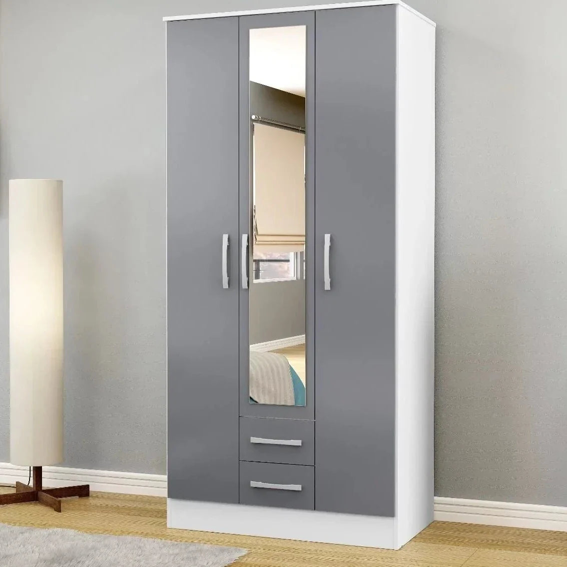 Lynx 3 Door 2 Drawer Mirrored Wardrobe - White and Grey