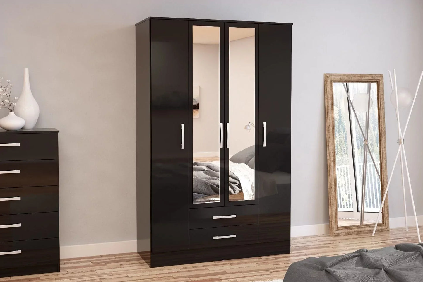 Lynx 4 Door 2 Drawer Mirrored Wardrobe - Black