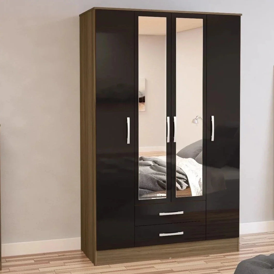 Lynx 4 Door 2 Drawer Mirrored Wardrobe - Walnut and Black