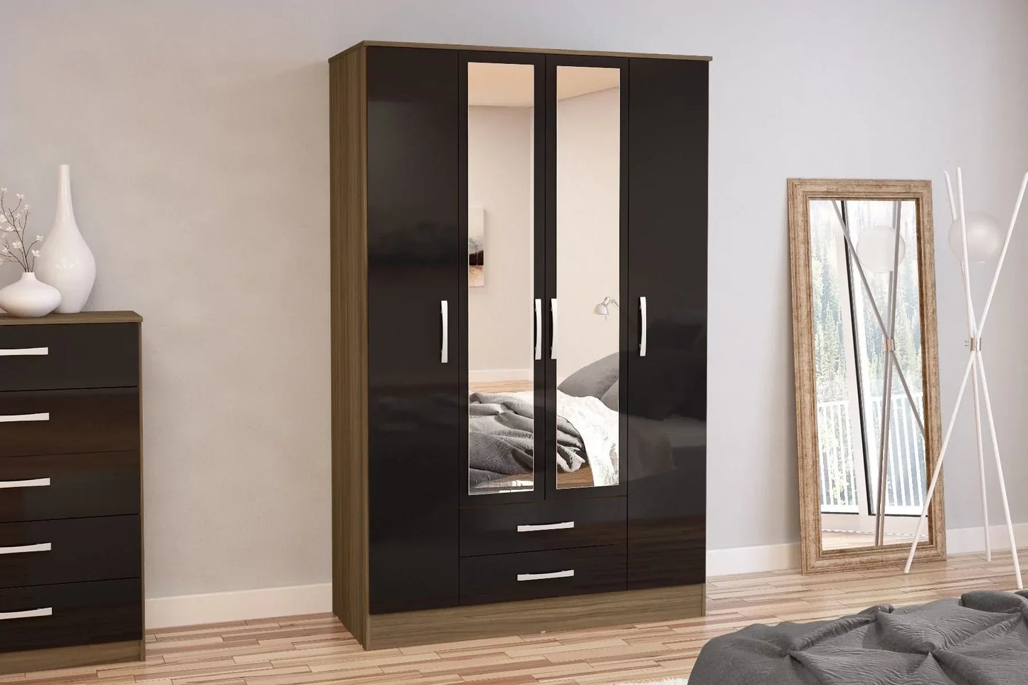 Lynx 4 Door 2 Drawer Mirrored Wardrobe - Walnut and Black