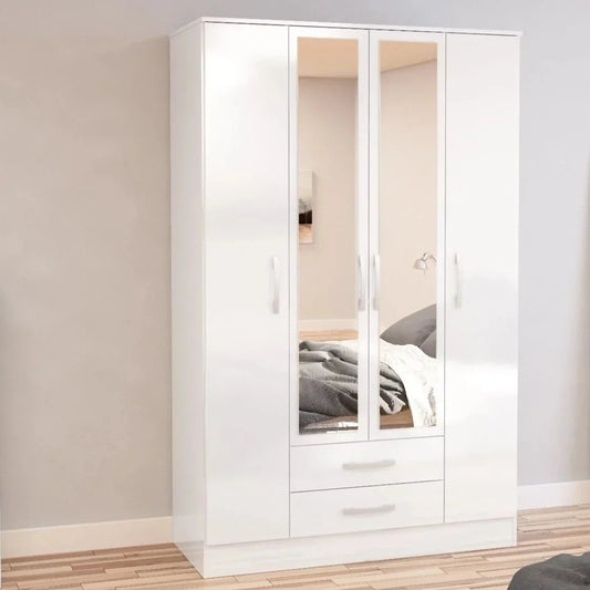 Lynx 4 Door 2 Drawer Mirrored Wardrobe - White