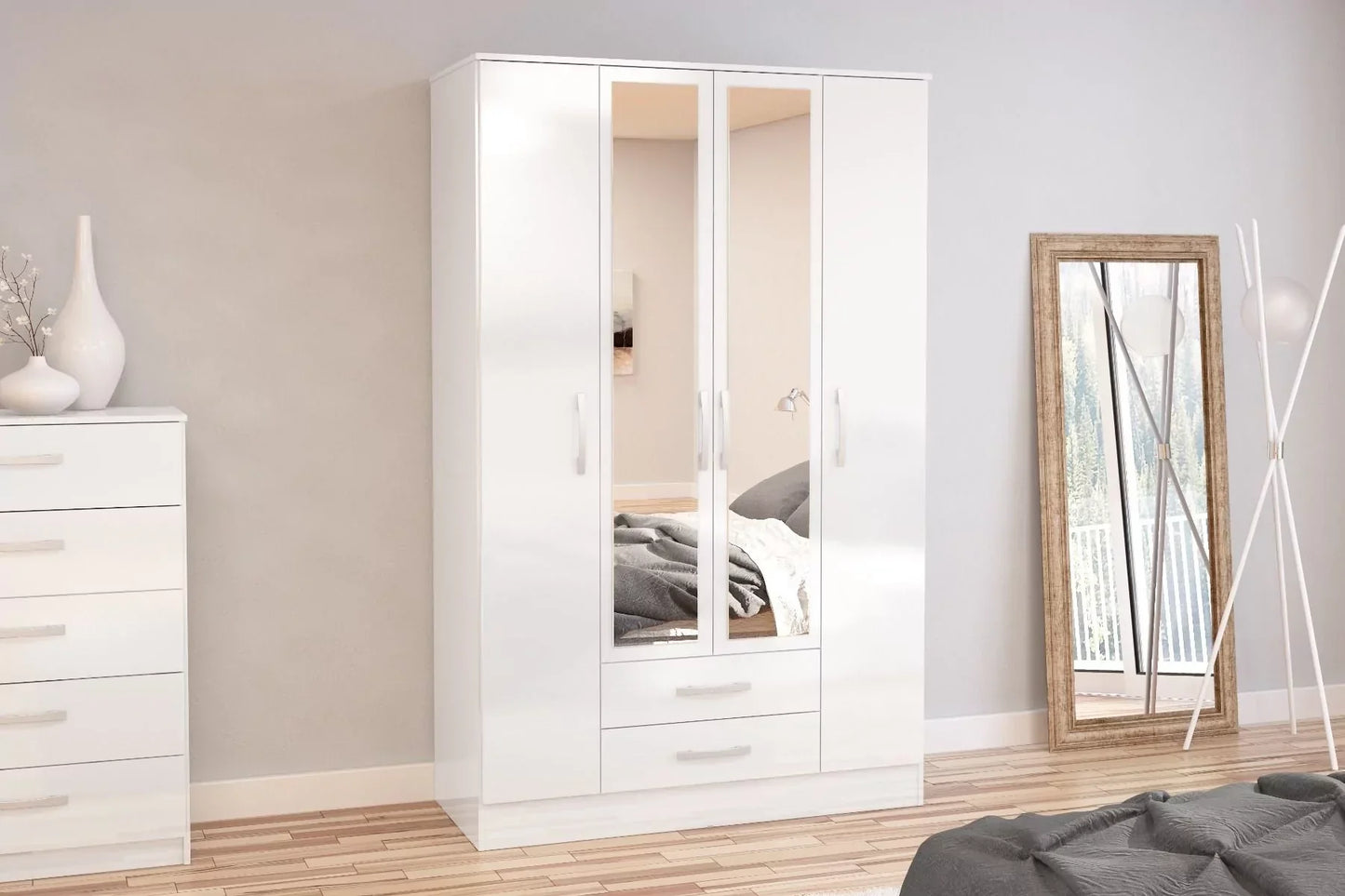 Lynx 4 Door 2 Drawer Mirrored Wardrobe - White