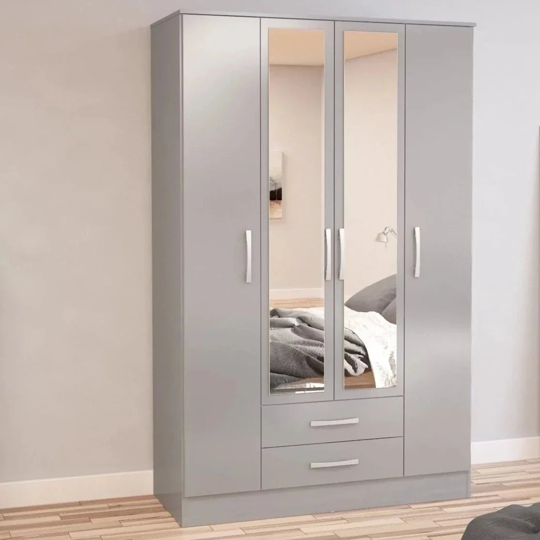 Birlea Lynx 4 Door 2 Drawer Mirrored Wardrobe - Grey