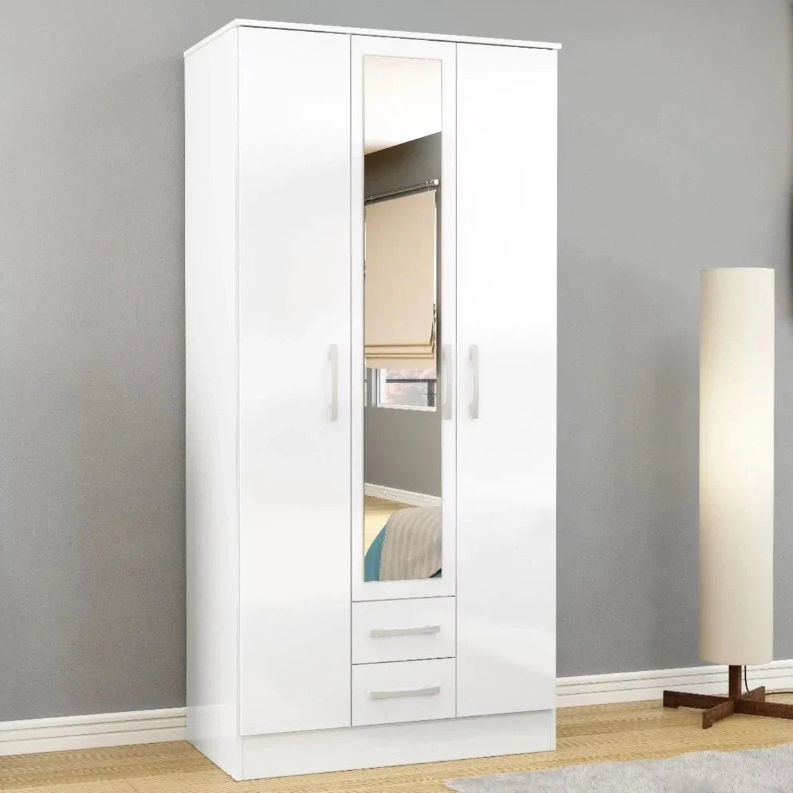 Lynx 3 Door 2 Drawer Mirrored Wardrobe - White