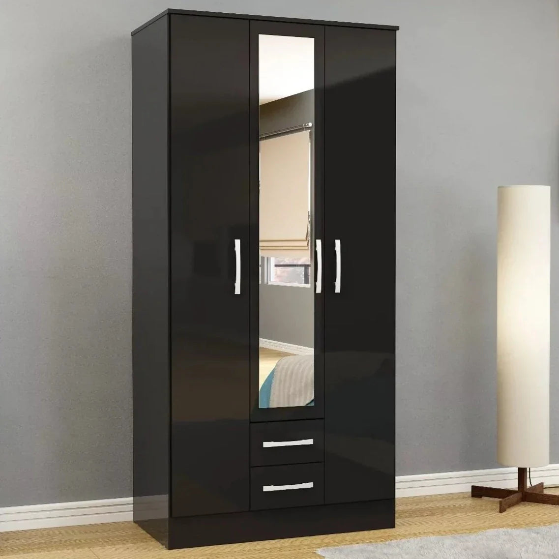 Lynx 3 Door 2 Drawer Mirrored Wardrobe - Black