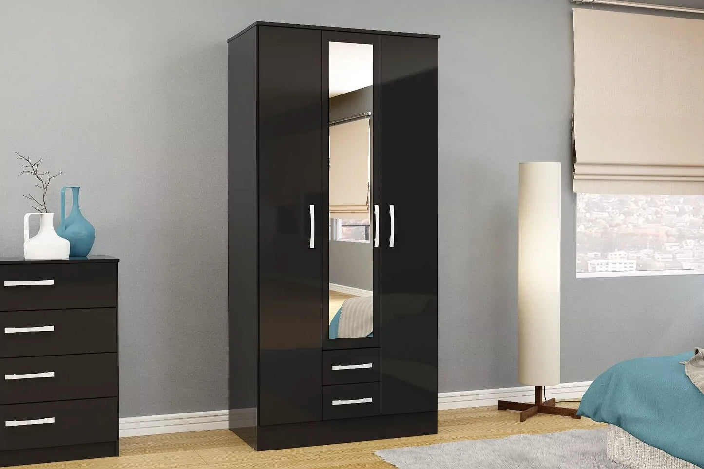 Lynx 3 Door 2 Drawer Mirrored Wardrobe - Black