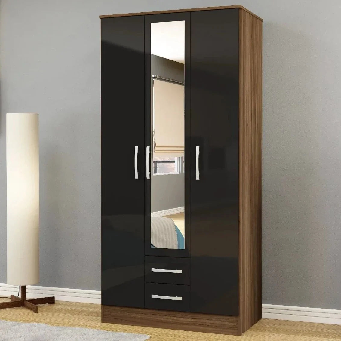 Lynx 3 Door 2 Drawer Mirrored Wardrobe - Walnut and Black