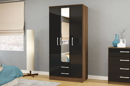 Lynx 3 Door 2 Drawer Mirrored Wardrobe - Walnut and Black