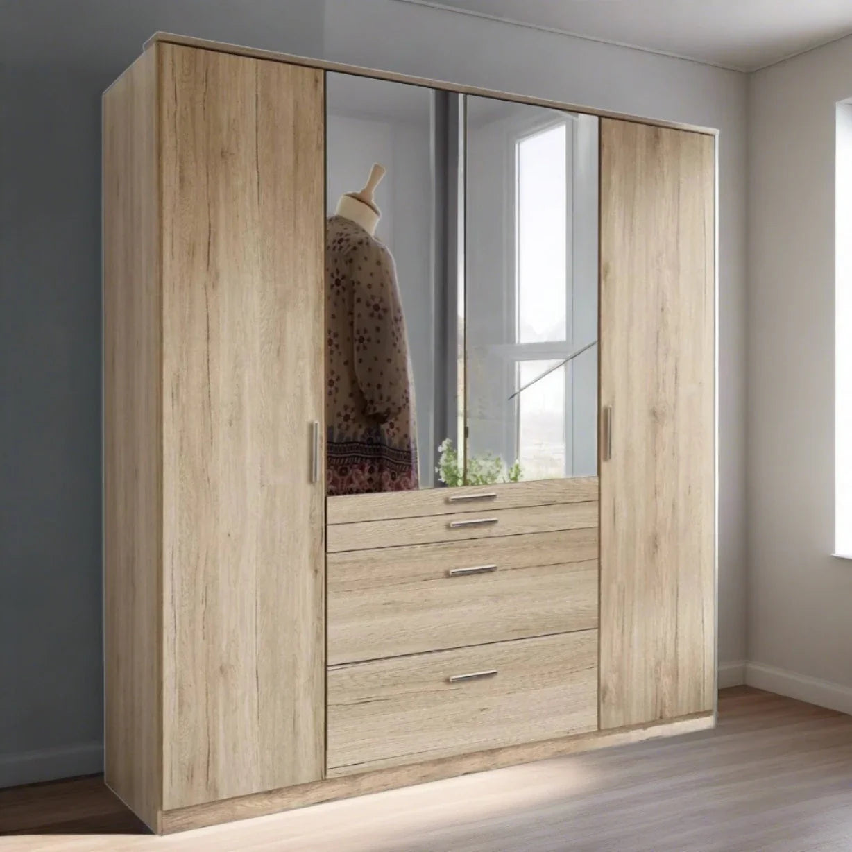 Acorn 4 Door 4 Drawer Mirrored Wardrobe - Oak