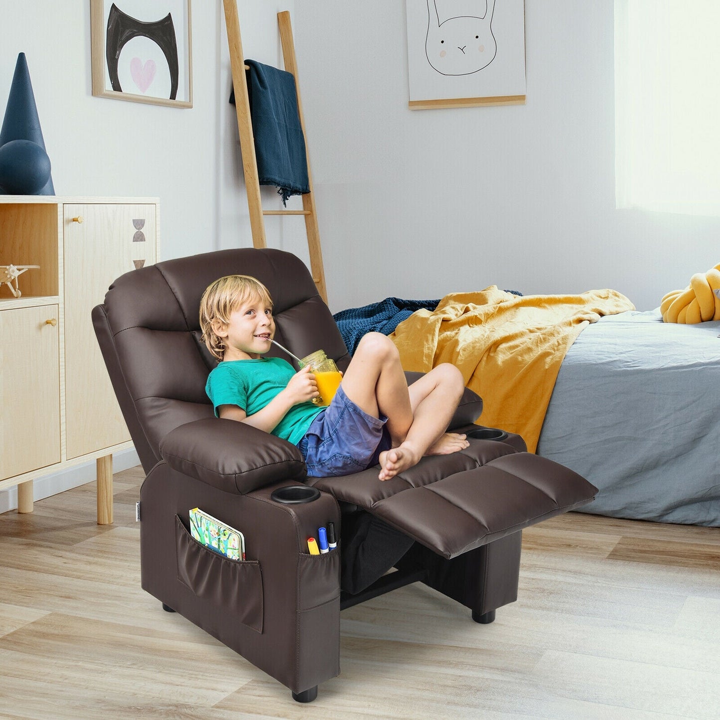 PU Leather Kids Recliner Chair with Cup Holders and Side Pockets-Brown