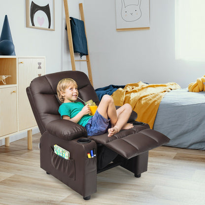 PU Leather Kids Recliner Chair with Cup Holders and Side Pockets-Brown