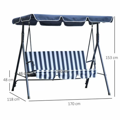 3 Seater Garden Swing With Adjustable Canopy - Blue Stripe