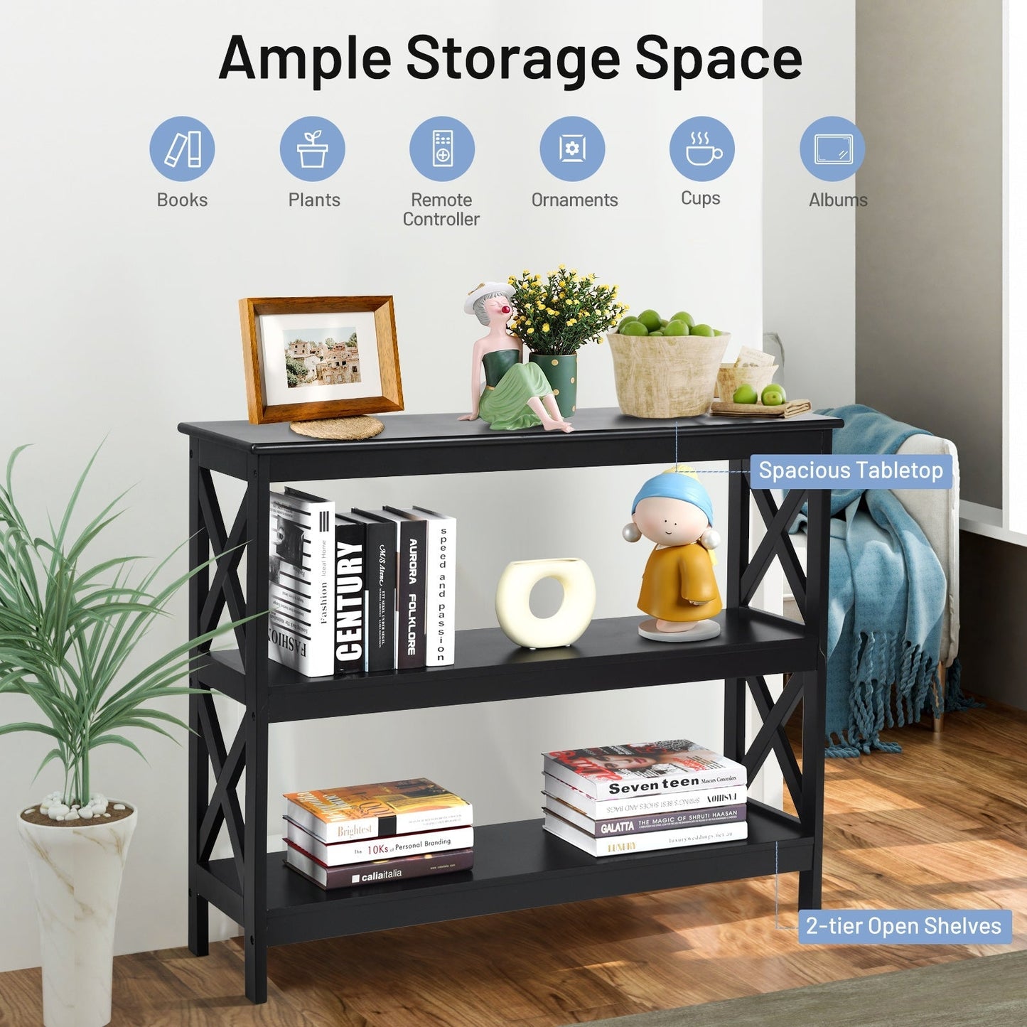 Industrial 3-Tier Console Table with Storage Shelf-Black