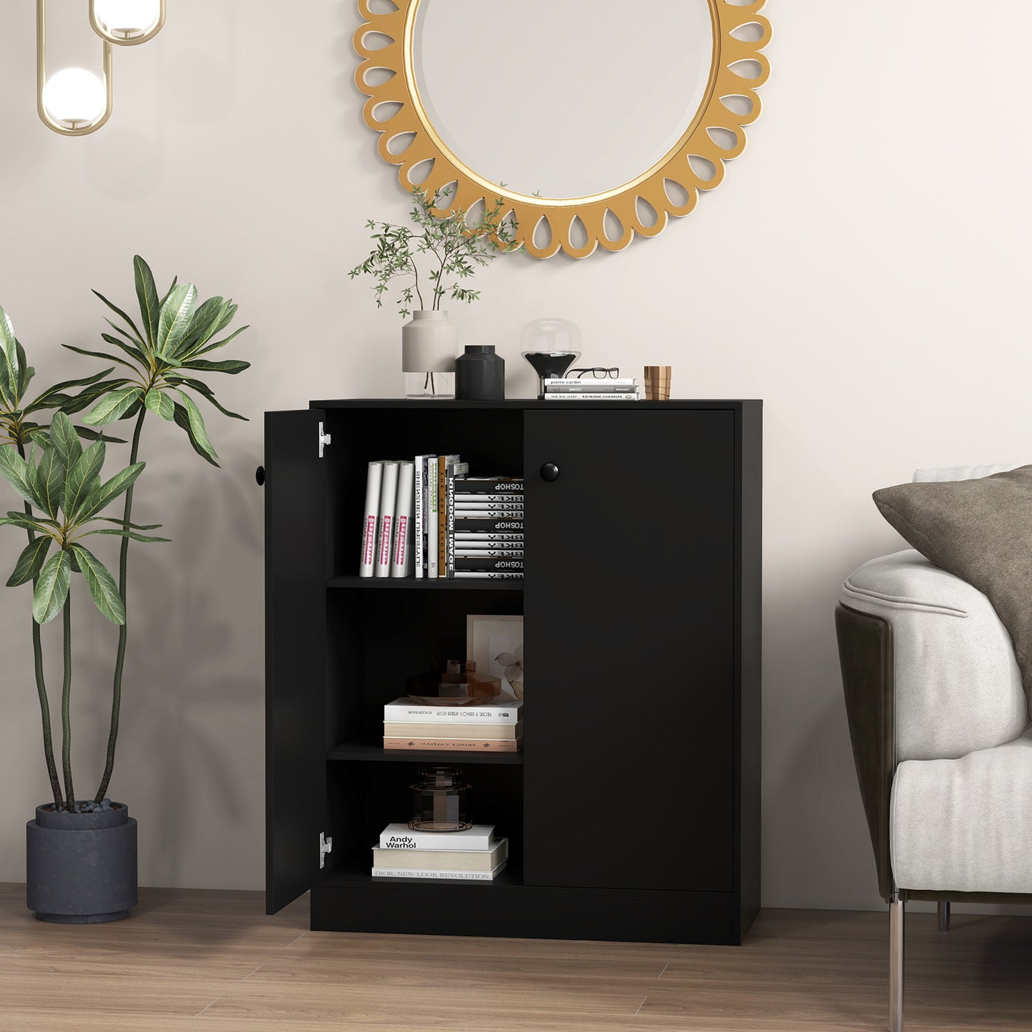 2-Door Storage Cabinet with 3 Shelves-Black