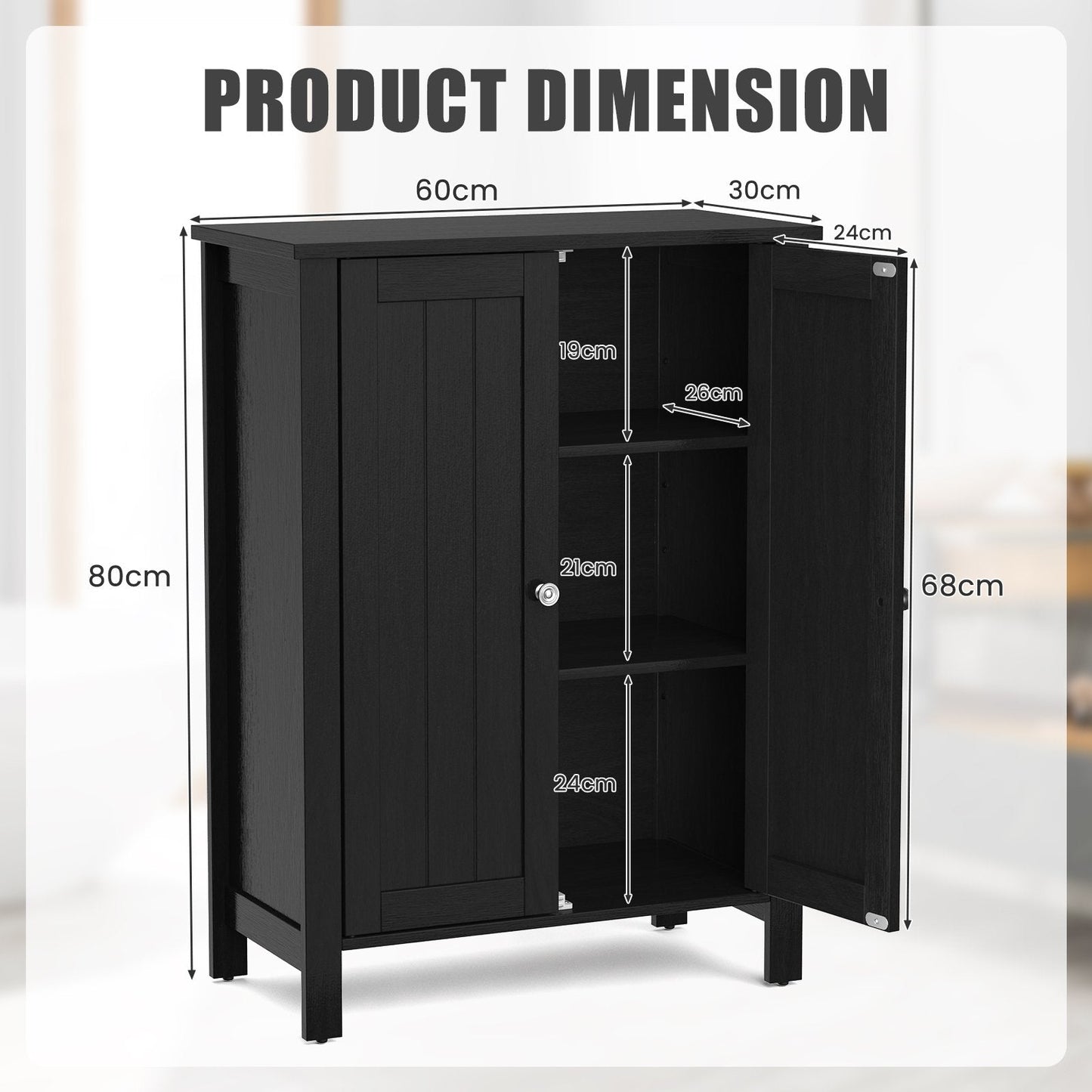 2-Door Freestanding Bathroom Floor Cabinet with Adjustable Shelves-Black
