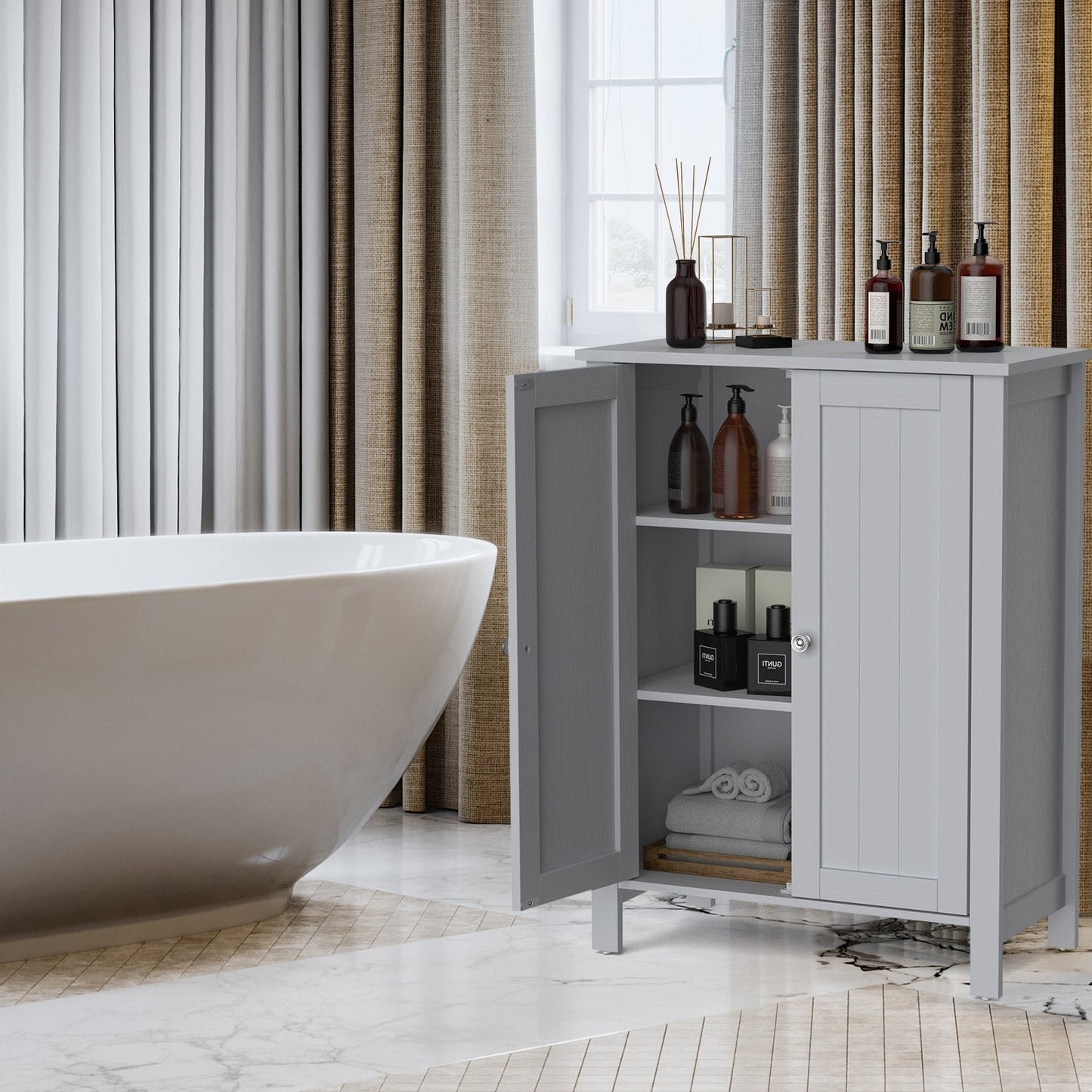 2-Door Freestanding Bathroom Floor Cabinet with Adjustable Shelves-Grey