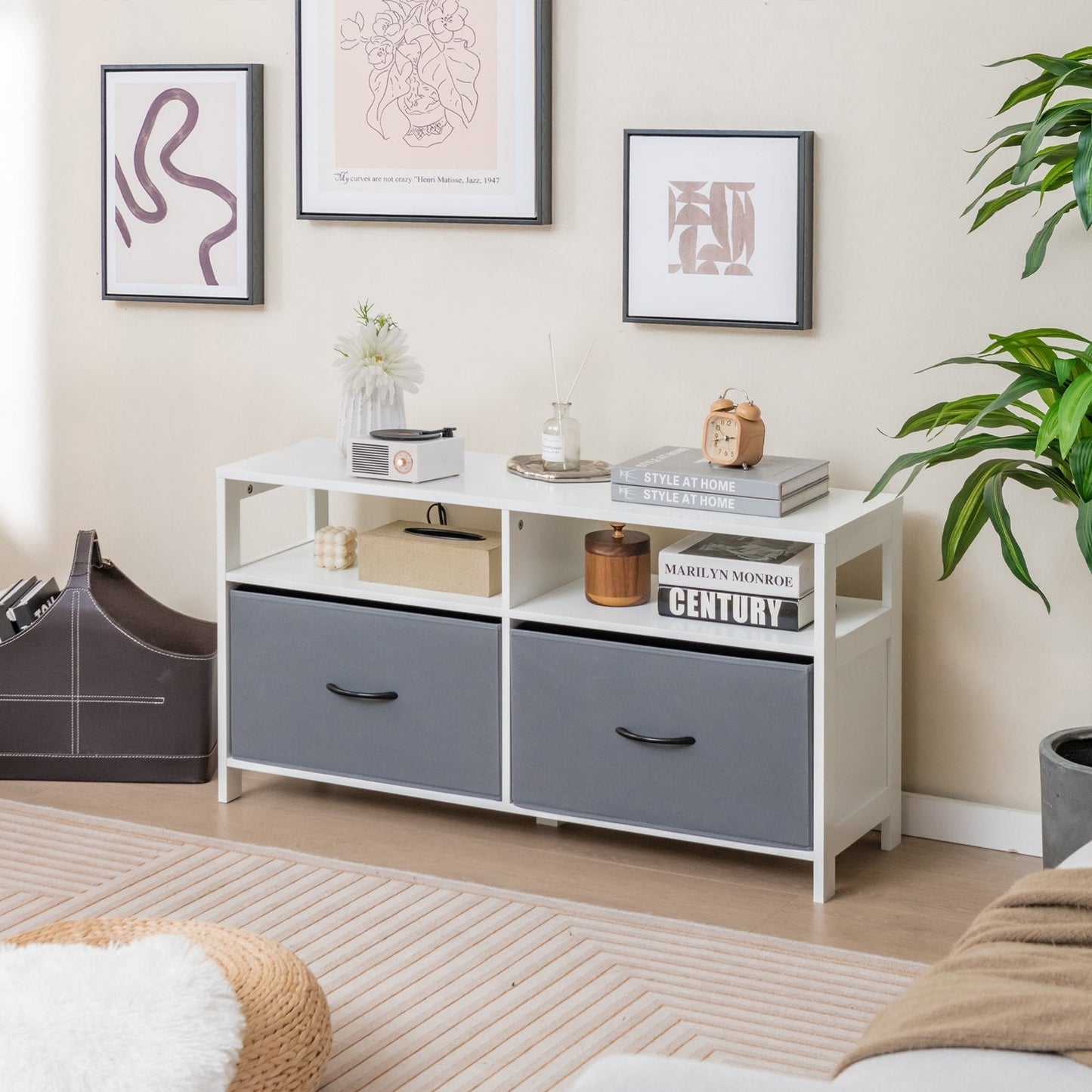 Fabric Dresser with 2 Drawers and 2 Open Shelves Fabric Bins-White