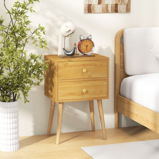 2-Drawer Nightstand with Solid Wood Legs for Bedroom-Natural