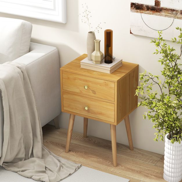 2-Drawer Nightstand with Solid Wood Legs for Bedroom-Natural