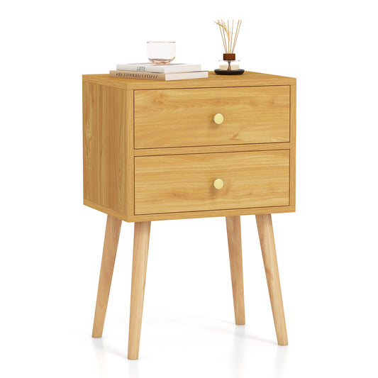 2-Drawer Nightstand with Solid Wood Legs for Bedroom-Natural