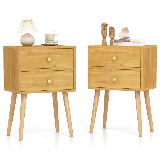 2-Drawer Nightstand with Solid Wood Legs for Bedroom-Natural