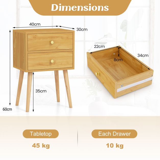 2-Drawer Nightstand with Solid Wood Legs for Bedroom-Natural