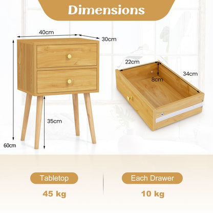 2-Drawer Nightstand with Solid Wood Legs for Bedroom-Natural