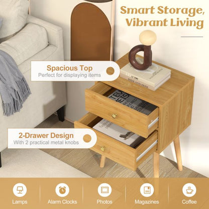 2-Drawer Nightstand with Solid Wood Legs for Bedroom-Natural