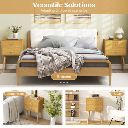 2-Drawer Nightstand with Solid Wood Legs for Bedroom-Natural