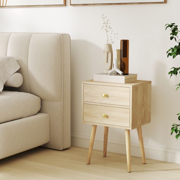 2-Drawer Nightstand with Solid Wood Legs for Bedroom-Oak