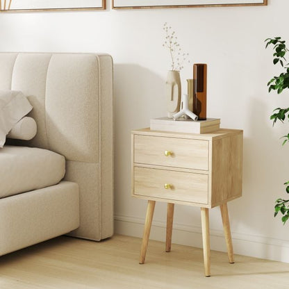 2-Drawer Nightstand with Solid Wood Legs for Bedroom-Oak