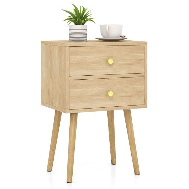 2-Drawer Nightstand with Solid Wood Legs for Bedroom-Oak