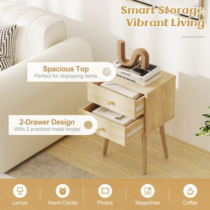 2-Drawer Nightstand with Solid Wood Legs for Bedroom-Oak