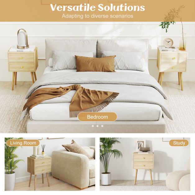 2-Drawer Nightstand with Solid Wood Legs for Bedroom-Oak