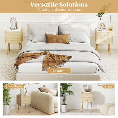 2-Drawer Nightstand with Solid Wood Legs for Bedroom-Oak