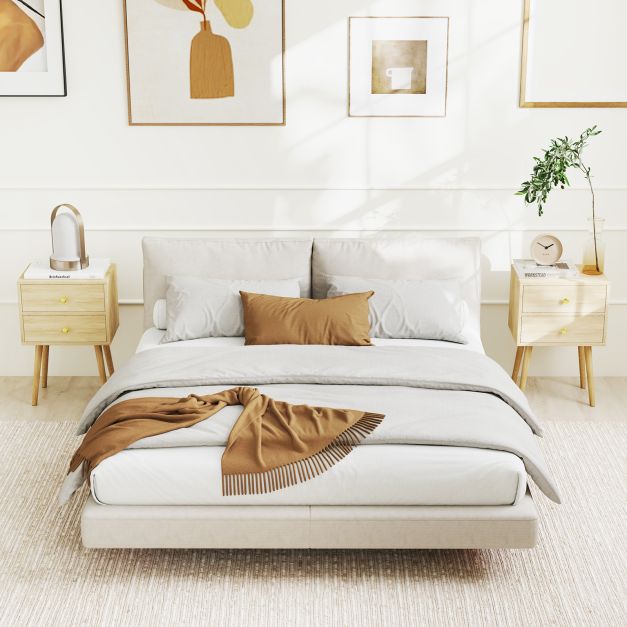 2-Drawer Nightstand with Solid Wood Legs for Bedroom-Oak