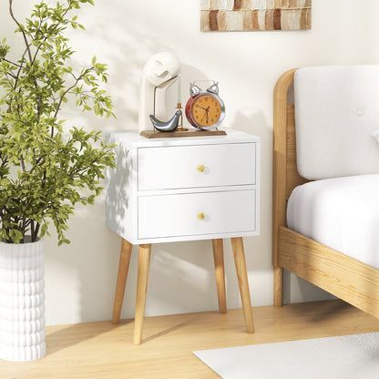 2-Drawer Nightstand with Solid Wood Legs for Bedroom-White