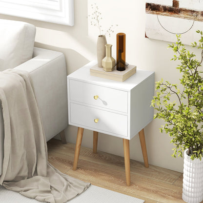 2-Drawer Nightstand with Solid Wood Legs for Bedroom-White