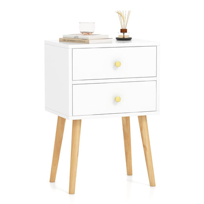 2-Drawer Nightstand with Solid Wood Legs for Bedroom-White
