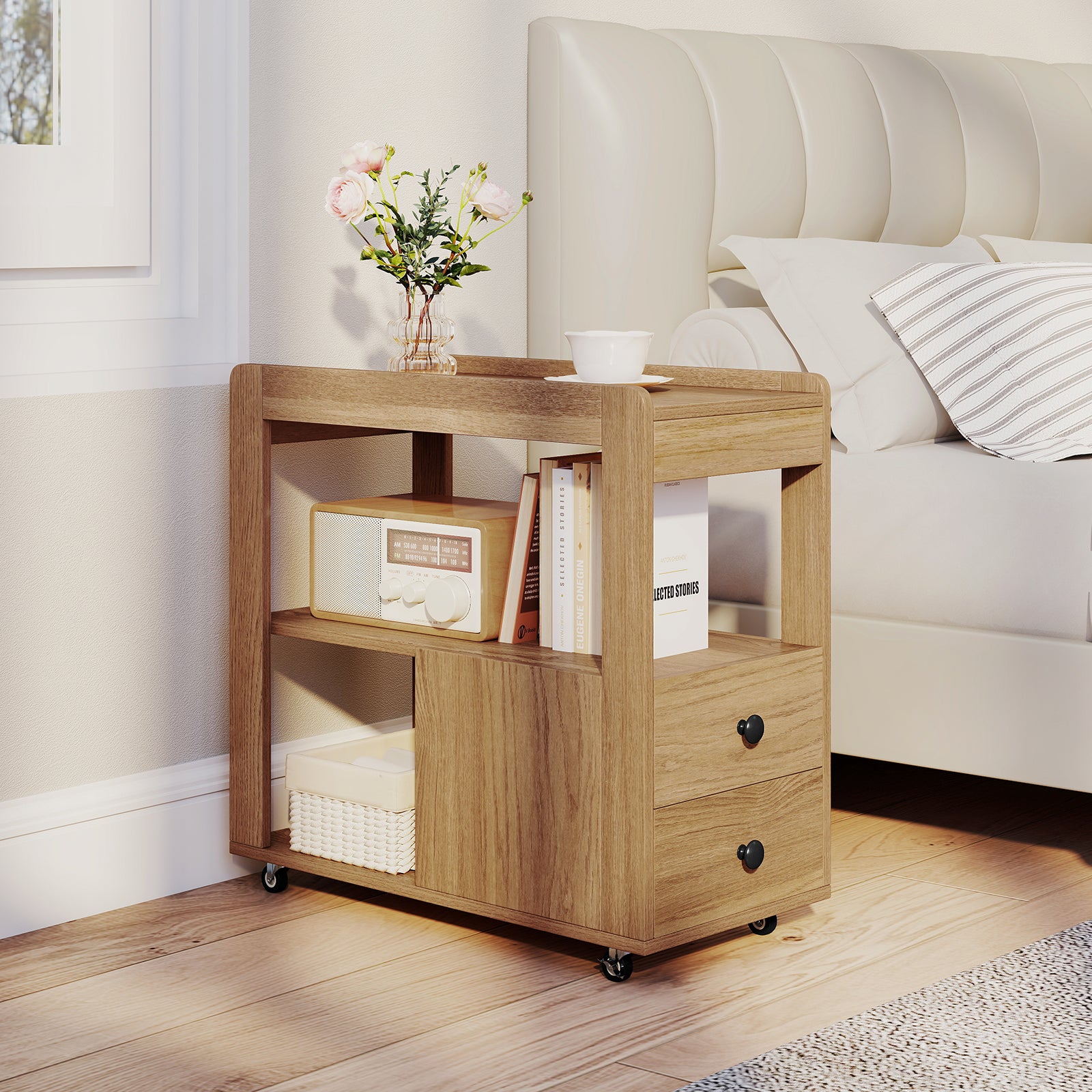 Modern 2-Drawer Sofa Side Table with Open Shelves-Natural