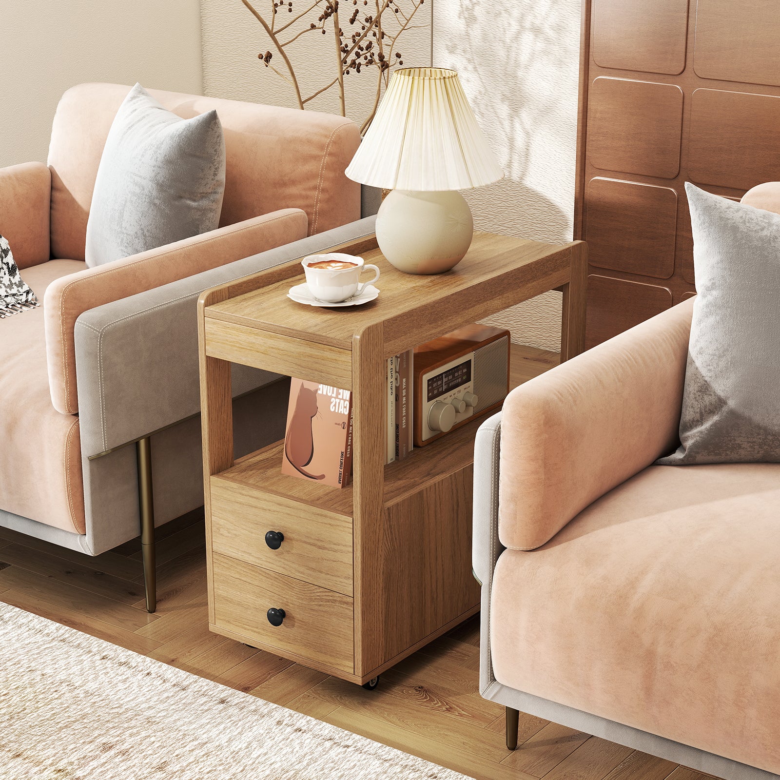 Modern 2-Drawer Sofa Side Table with Open Shelves-Natural