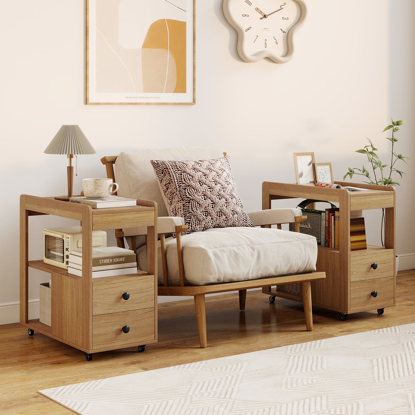Modern 2-Drawer Sofa Side Table with Open Shelves-Natural